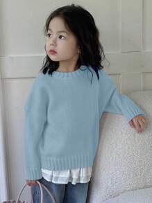 DAZY Young Girl Solid Drop Shoulder Oversize Sweater , Fall Clothes - Blue - View 4