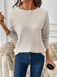 SHEIN LUNE 秋季休闲女式条纹长袖宽松 T 恤，学院航海风格 - 卡其色 - 查看 1