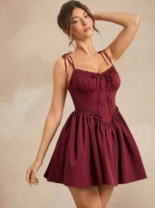 L'Amorae 秋季女装，女士浪漫酒红色纯色前系带和褶皱胸围喇叭下摆可调节系带迷你连衣裙。适合日常穿着、外出、音乐会、节日、派对、夜间外出、休闲穿着 - 酒紅色 - 查看 7