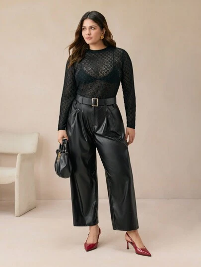 BizChic 大码纯色 PU 皮革直筒裤，秋冬款