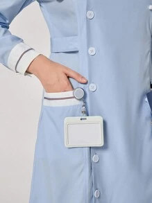 TaskEZ 1 件长袖拼色前扣口袋休闲护士制服连衣裙 - 藍色 - 查看 8