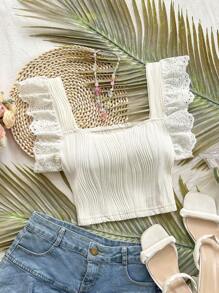 Soleia WYWH 夏季假期女式休闲黑色盖袖方领纹理面料 T 恤 - 杏色 - 查看 3