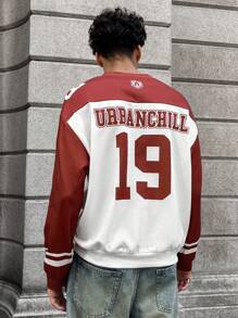 Manfinity VCAY 年轻男士休闲数字印花长袖宽松套头衫，日常穿着，适合秋冬季 - 紅色 - 查看 3