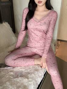 DAZY 碎花羊毛蕾丝拼接修身睡衣套装，冬季保暖内衬 - 粉色 - 查看 6
