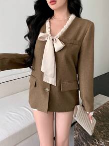 DAZY Women Single-Breasted Elegant Commuter Contrast Color Blazer Jacket, Autumn Business Attire
