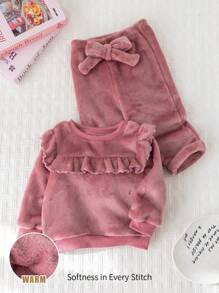 Cozy Pixies 2 件/套 女婴纯色针织柔软圆领荷叶边下摆长袖运动衫和松紧腰长裤