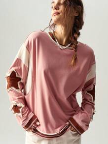 Bohemela Plus Size Women's Contrast Color Five-Point Star Patchwork Crew Neck Long Sleeve Sweatshirt Fall - Pink - View 6