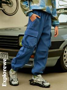 SHEIN Tween Boy Casual Letter Print Banded Leg Cargo Pants - Dusty Blue - View 6