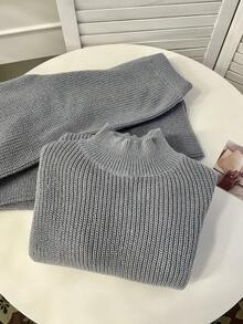SHEIN LUNE Bộ 2 áo len tay cánh dơi màu trơn và quần dệt kim cho nữ, thường ngày, thu/đông - Xám - Xem 5