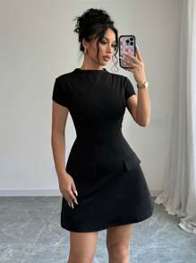 SHEIN PETITE Vestido corto elegante de mujer con cuello alto, cintura entallada, estilo princesa, con bolsillos, diseño con solapa y cremallera posterior, adecuado para uso diario y citas de San Valentín - Negro - Ver 6