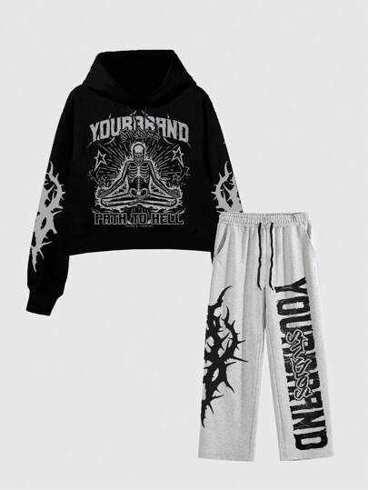 Men's Letter Print Minimalist Hooded Sweatshirt And Front Tie Long Pants Set Tracksuit