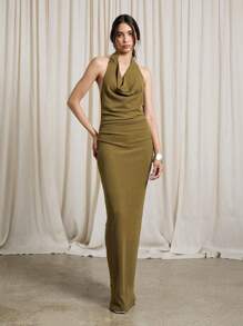AiiRZ Đầm Maxi Ôm Sát Cổ Chữ V Có Gân Phồng - Màu vàng - Xem 1