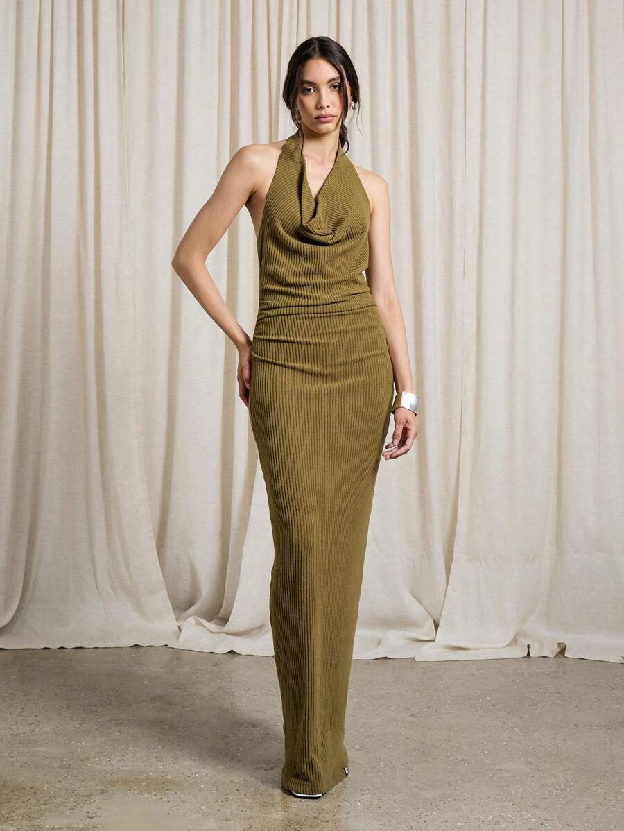 AiiRZ Đầm Maxi Ôm Sát Cổ Chữ V Có Gân Phồng - Màu vàng - Xem 1