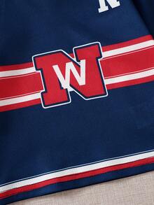 Bộ đồ thể thao phong cách châu Âu cho bé trai/bé gái mùa xuân/thu, trang phục thiết yếu cho các bé đáng yêu, áo phông dài tay cổ chữ V in họa tiết chữ và số, thời trang thể thao hợp thời trang, phù hợp đi học, chơi thể thao và nhiều hoạt động khác - Màu xanh lam - Xem 8