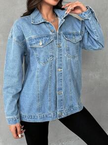 EURMUSE Flap Pocket Drop Shoulder Denim Jacket - Medium Wash - View 3