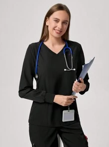 TaskEZ Solid Color V-Neck Long Sleeve Pocket Casual Nursing Scrub Uniform Top With Pants, Scrub Set - Black - View 6