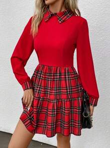 SHEIN LUNE 女士格子印花翻领优雅长袖连衣裙新年衣服 - 紅色 - 查看 6