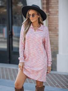 SHEIN LUNE Polo Neck Drop Shoulder Tee Dress - Pink - View 1