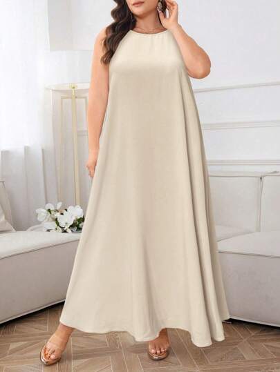 Al Najma Plus Size Solid Color Loose Crew Neck Sleeveless Dress