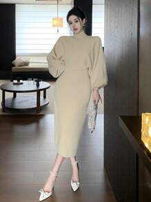 DAZY Bộ 2 món: Áo len tay loe cổ đứng trơn thanh lịch dành cho nữ và chân váy, mùa thu/đông - Màu Khaki - Xem 7