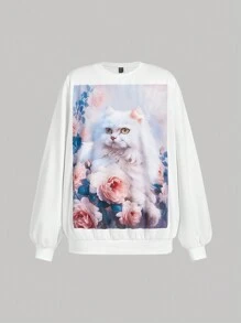 SHEIN MOD Áo nỉ in hình mèo và hoa nhiều màu, phong cách cung điện thanh lịch, giữ nhiệt - Nhiều màu - Xem 1