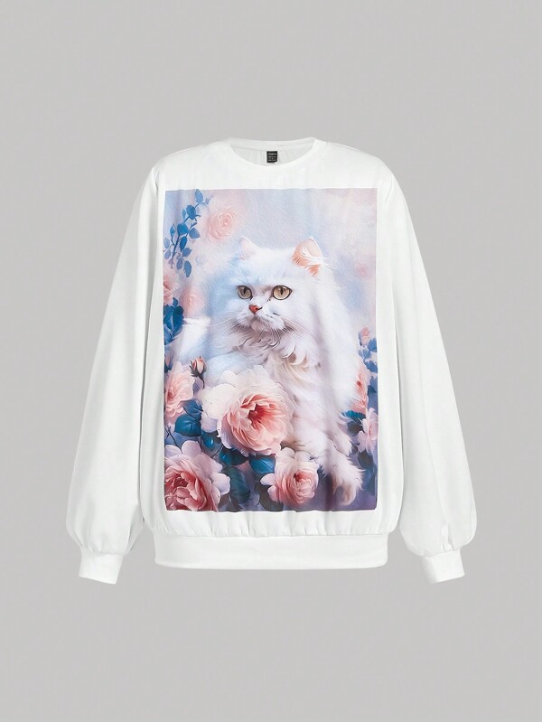 SHEIN MOD Multicolor Dreamy Cat & Flower Print Sweatshirt, Elegant Palace Style,Thermal