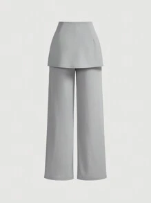 SHEIN MOD Women's 2 In 1 Pants, Leather Buckle Decor, Light Grey Straight-Leg Trousers, Back To School,Light Grey Dress Pants,Fall Pants