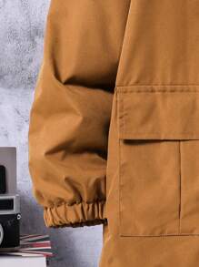 Chaqueta con capucha forrada térmica de manga larga con bloqueo de color y bolsillo utilitario para niño preadolescente, para otoño/invierno