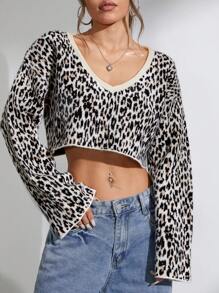 Flirla Femmes Léopard Patchwork Manches Longues Crop Sexy Épaule Dénudée Chandail, Tricot Pull Décontracté Quotidien Porter Automne Hiver - Multicolore - Voir 4