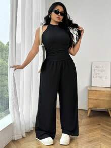 SHEIN EZwear 2 Piezas Conjunto de top halter y pantalones de talla grande para mujer, color negro