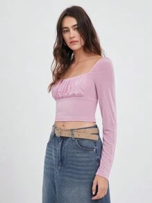 SHEIN EZwear 女式褶饰前部亮面方领长袖修身 T 恤，粉色，适合秋冬季派对 - 粉色 - 查看 6