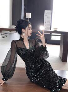 DAZY 女士亮片拼接中长款派对礼服/舞会礼服，秋季长袖连衣裙，奢华新年女士服装，嘉年华闪亮连衣裙 - 黑色 - 查看 6