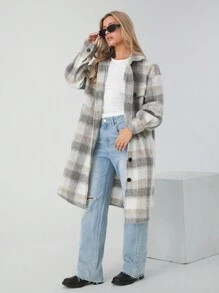 SHEIN EZwear 女式超大格纹长款外套，秋冬季 - 彩色 - 查看 4