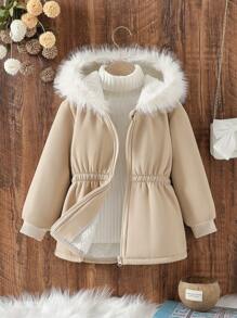 Girls Khaki Embroidered 3D Flower Fuzzy Collar Warm Jacket, For Toddlers & Young Girl