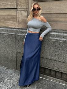 Forever 21 女式休闲牛仔半身裙，带拉链侧开衩 - 藍色 - 查看 6