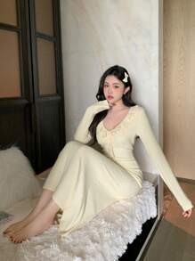 DAZY Ruffle Collar Fitted Casual House Dress Pajama - Beige - View 7