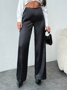 SHEIN Women Solid Color Satin Low Waist Wide Leg Pants - Black - View 5