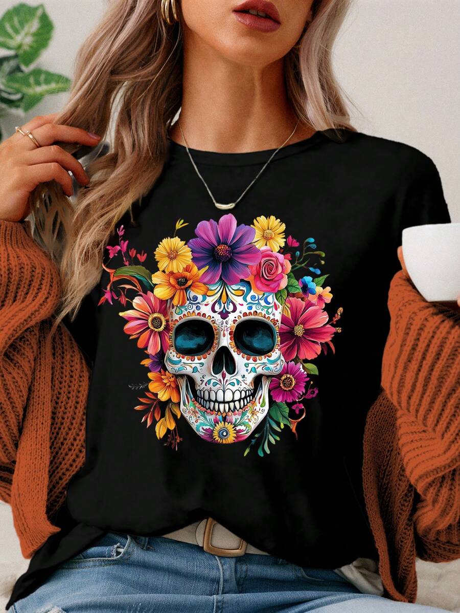 SHEIN LUNE Casual Minimalist Skull & Flower Graphic Print Round Neck Short Sleeve Fitted  Women T-Shirt - Black - View 1