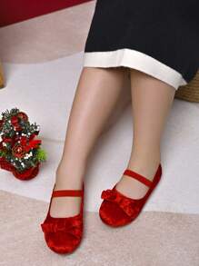 1 双女童天鹅绒蝴蝶结装饰平底鞋，适合圣诞节、秋冬季 - 紅色 - 查看 6