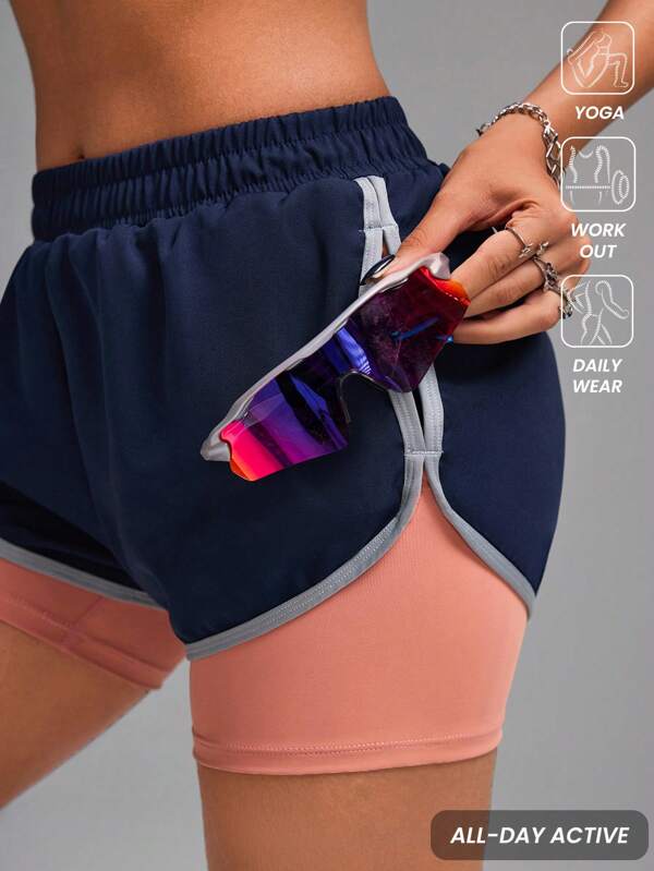 Innovista Pantaloni scurți sport în culori contrastante pentru femei, pantaloni 2 în 1 cu strat dublu, pantaloni largi cu dungi casual, potriviți pentru exerciții în aer liber, ținute de toamnă pentru femei, pantaloni scurți de baschet, cu buzunar pentru telefon, trening