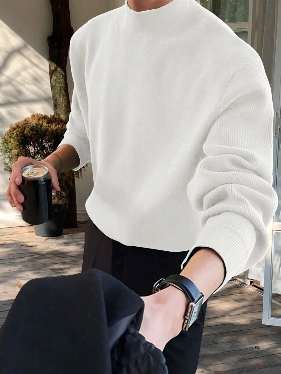 Manfinity Hypemode Áo len dệt kim cổ tròn tay dài màu trơn tối giản cho nam, trang phục thường ngày, thu/đông - trắng - Xem 1