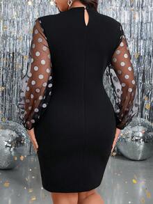 SHEIN Clasi 大码优雅银色波尔卡圆点印花网眼灯笼袖紧身连衣裙 - 黑色 - 查看 2
