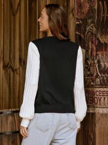 LanaWest Women Crew Neck Colorblock Puff Sleeve Knitted Sweater, Autumn/Winter  Fall Outfit