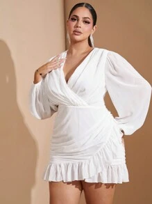 SHEIN BAE Curve Plus Size Twist Front Mesh Panel Split Hem Dress Chiffon Pleated Deep V-Neck Wrap-Style Ruffle Hem Lantern Sleeve Mini Dress, Suitable For Sweet Dates And Daily Outings.Graduation Dress - White - View 4
