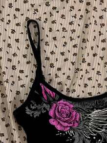 Attitoon 女士休闲复古玫瑰与翅膀图案性感吊带背心吊带背心背心，夏季 - 白色 - 查看 6