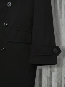 Manfinity Homme Plus Size Men Casual Solid Color Double-Breasted Windbreaker Jacket, Autumn Going Out Black Long Sleeve Jacket, For Friends, Husband, Boyfriend Gifts