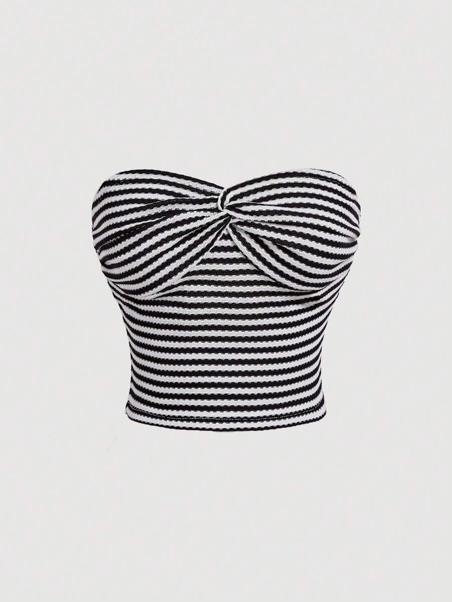 SHEIN MOD 扭纹前抹胸条纹上衣、秋季上衣、上衣、可爱上衣、分层上衣、斑马上衣 - 黑與白 - 查看 1