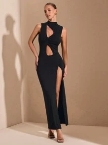 SHEIN BAE Black Hollow Out Sleeveless High Split Maxi Dress,70s Style Autumn Night Out Party Knit Dress For Cocktail, Date,Wedding & Halloween - Black - View 7