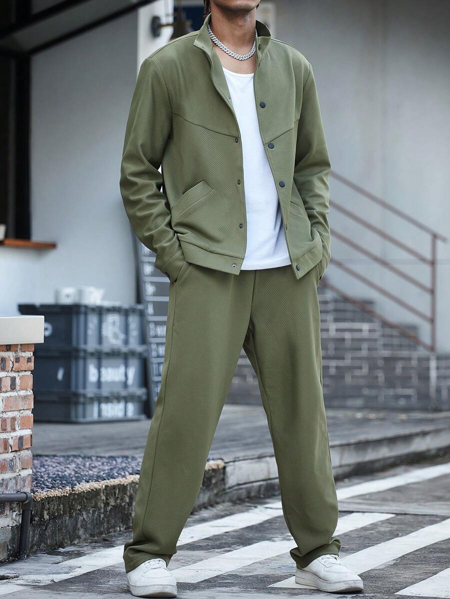 Manfinity Homme 1Set Men Casual Ribbed Long Sleeve Single-Breasted Jacket And Pants Suit, Green, Fall Clothes - Army Green - View 1