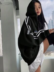 DAZY 女式拼色丝带字母印花运动连帽运动衫，秋季，长袖上衣